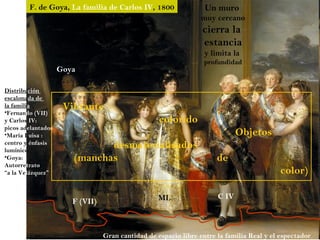 F. de Goya, La familia de Carlos IV, 1800                 Un muro
                                                                 muy cercano
                                                                 cierra la
                                                                 estancia
                                                                  y limita la
                                                                  profundidad
                    Goya

Distribución
escalonada de
la familia
•Fernando (VII)
                     Vibrante
y Carlos IV:                                       colorido
picos adelantados
•María Luisa :                                                               Objetos
centro y énfasis
lumínico
                              desmaterializados
•Goya:                 (manchas                                       de
Autorretrato
“a la Velázquez”                                                                           color)

                                                   ML                 C IV
                       F (VII)



                                 Gran cantidad de espacio libre entre la familia Real y el espectador
 