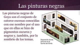 Las pinturas negras
Las pinturas negras de
Goya son el conjunto de
catorce escenas conocidas
con ese nombre por el uso
que en ellas se hizo de
pigmentos oscuros y
negros y, también, por lo
sombrío de los temas.

Disposición de las
pinturas en la
Quinta del Sordo.

 