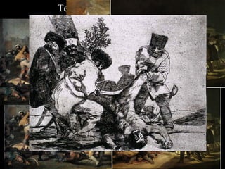 Tercer període: 1808-1814
la Guerra de la Independència
Les barbaritats comeses durant la guerra causen la segona crisi en Goya,
qui evita posicionar-se i el que fa és denunciar les atrocitats
Realisme dramàtic: Goya pinta la guerra com un cúmul de tragèdies i
desgràcies i no com un espectacle com s’havia fet fins eixe moment
La temàtica es torna violenta, terrible i desagradable
La llum quasi desapareix (sembla fugir més que il·luminar) i
els colors ocres i negres són els predominants, fins i tot als retrats
La pinzellada es fa més solta, oberta i pastosa: llibertat de traç i intensitat cromàtica
Els personatges semblen marionetes davant la situació que se’ls imposa i els embruteix
Destaca el contingut moral i simbòlic i l’expressivitat dels personatges
Als quadres històrics cal destacar el moviment i el dolor i els efectes expressius que
aconsegueix a partir dels jocs de llums i ombres, a més de la seua compassió pel
sofriment de les persones (s’avança al romanticisme i l’impressionisme)
A la sèrie de gravats d’”Els Desastres de la Guerra” mostra imatges terriblement dramà-
tiques en què contrasta la il·luminació blanca amb les diferents intensitats de negre
L’obra més important és Els afusellaments del 3 de maig
 