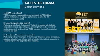 TACTICS FOR CHANGE
Boost Demand
44
1. ASEAN as a catalyst
TCEB developed a sustainable event framework for ASEAN that
is being implemented to improve performance at all of the 180
meetings organised in 2019
2. Listed companies as a catalyst
Partnership with Stock Exchange of Thailand, to engage with its listed
corporate members, advocating and educating them on the benefits of
sustainable events and meetings. TCEB provided framework, education
sessions and tools
3. Chambers of Commerce as a catalyst
Partnership with six Chambers of Commerce. Organised series of meetings,
providing education and offering tools to help the international companies in
Thailand improve the footprint of their meetings.
 