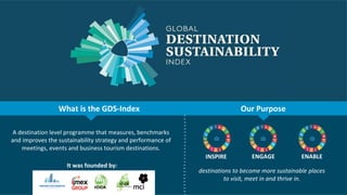 ENGAGE ENABLEINSPIRE
What is the GDS-Index Our Purpose
destinations to become more sustainable places
to visit, meet in and thrive in.
A destination level programme that measures, benchmarks
and improves the sustainability strategy and performance of
meetings, events and business tourism destinations.
It was founded by:
 
