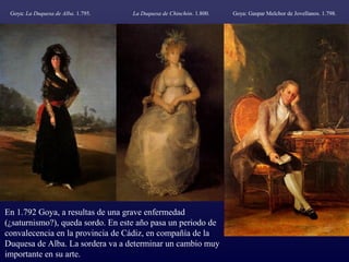 Goya: La Duquesa de Alba. 1.795.   La Duquesa de Chinchón. 1.800.   Goya: Gaspar Melchor de Jovellanos. 1.798.




En 1.792 Goya, a resultas de una grave enfermedad
(¿saturnismo?), queda sordo. En este año pasa un periodo de
convalecencia en la provincia de Cádiz, en compañía de la
Duquesa de Alba. La sordera va a determinar un cambio muy
importante en su arte.
 