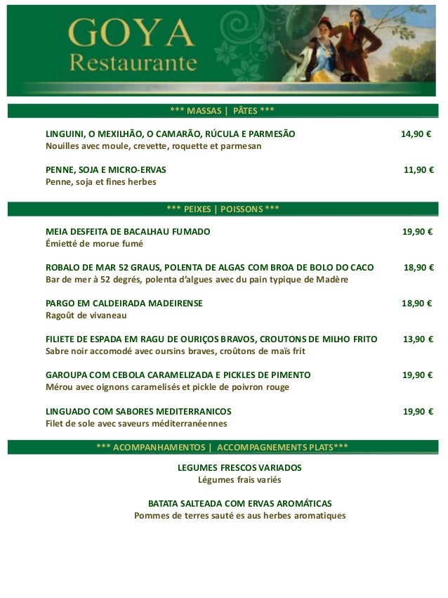 Restaurante Goya Menu Portugues / Français