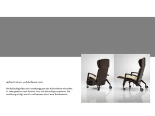 Umsetzen ohne HindernisDie Armlehnen lassen sich auf beiden Seiten nach unten schieben.Das Arretierungsraster ermöglicht unterschiedliche Höhen zu fixieren, um die Armlehnen in der Höhe individuell an den Nutzer anzupassen.Einfach ablegenDas Tablar ist schwenkbar an der Armlehne montiert. Es lässt sich entsprechend der Gewohnheiten des Nutzers auf der rechten oder linken Seite montieren.Zum aufstehen wird es einfach nach außen geschwenkt. Eine feste Tischauflage kann alternativ eingesetzt werden. Ohne Abb.