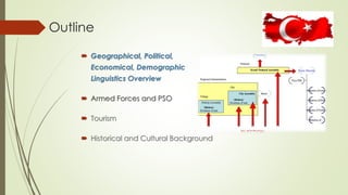 Outline 
 Geographical, Political, 
Economical, Demographic 
Linguistics Overview 
 Armed Forces and PSO 
 Tourism 
 Historical and Cultural Background 
 