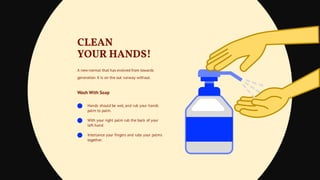 Hands should be wet, and rub your hands
palm to palm.
With your right palm rub the back of your
left hand
Interlance your fingers and rubs your palms
together.
CLEAN
YOUR HANDS!
A new normal that has evolved from towards
generation X is on the out runway without.
Wash With Soap
 