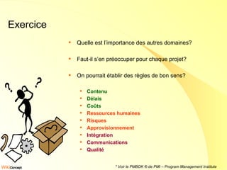 Exercice Quelle est l’importance des autres domaines? Faut-il s’en préoccuper pour chaque projet? On pourrait établir des règles de bon sens? Contenu Délais Coûts Ressources humaines Risques Approvisionnement Intégration Communications Qualité * Voir le PMBOK ® de PMI – Program Management Institute 