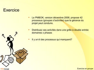 Exercice Le PMBOK, version décembre 2008, propose 42 processus (groupes d’activités) que la gérance du projet peut conduire. Distribuez ces activités dans une grille à double entrée domaines x phases Il y a-t-il des processus qui manquent? Exercice en groupe 