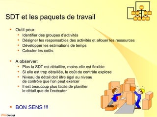 SDT et les paquets de travail Outil pour: Identifier des groupes d’activités Désigner les responsables des activités et allouer les ressources Développer les estimations de temps Calculer les coûts A observer: Plus la SDT est détaillée, moins elle est flexible Si elle est trop détaillée, le coût de contrôle explose Niveau de détail doit être égal au niveau  de contrôle que l’on peut exercer Il est beaucoup plus facile de planifier le détail que de l’exécuter  BON SENS !!! 