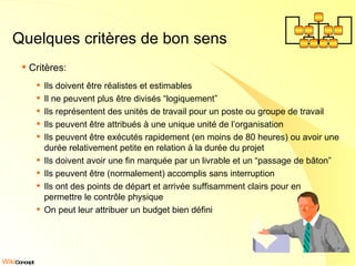 Quelques critères de bon sens Critères: Ils doivent être réalistes et estimables Il ne peuvent plus être divisés “logiquement” Ils représentent des unités de travail pour un poste ou groupe de travail Ils peuvent être attribués à une unique unité de l’organisation Ils peuvent être exécutés rapidement (en moins de 80 heures) ou avoir une durée relativement petite en relation à la durée du projet Ils doivent avoir une fin marquée par un livrable et un “passage de bâton” Ils peuvent être (normalement) accomplis sans interruption Ils ont des points de départ et arrivée suffisamment clairs pour en permettre le contrôle physique On peut leur attribuer un budget bien défini 