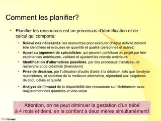 Comment les planifier? Planifier les ressources est un processus d’identification et de calcul qui comporte: Relevé des nécessités : les ressources pour exécuter chaque activité doivent être identifiées et évaluées en quantité et qualité (personnes et autres) Appel au jugement de spécialistes : qui peuvent contribuer au projet par leur expériences antérieures, validant et ajustant les relevés antérieurs Identification d’alternatives possibles , par des processus d’analyse, de recherche et de créativité ( brainstorm ) Prise de décision , par l’utilisation d’outils d’aide à la décision, tels que l’analyse multicritères, et sélection de la meilleure alternative, répondant aux exigences de coût, délais et qualité Analyse de l’impact  de la disponibilité des ressources sur l’échéancier avec réajustement des quantités et vice-versa Attention, on ne peut diminuer la gestation d’un bébé à 4 mois et demi, en la confiant à deux mères simultanément! 