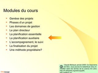 Modules du cours Genèse des projets Phases d’un projet Les domaines de gestion Le plan directeur La planification essentielle La planification auxiliaire L’accompagnement, le suivi La finalisation du projet Une méthode propriétaire? Claude Michaud, janvier 2009. Ce diaporama est libre, vous pouvez le redistribuer et/ou le  modifier selon les termes de la Licence Art Libre. http://fr.wikipedia.org/wiki/copyleft, http://artlibre.org 