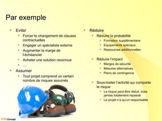 Par exemple Eviter Forcer le changement de clauses contractuelles Engager un spécialiste externe Augmenter la marge de l’échéancier Acheter une solution reconnue … Assumer Tout projet comprend un certain nombre de risques assumés Réduire Réduire la probabilité Formation supplémentaire Equipements spéciaux Ressources additionnelles Réduire l’impact Marges de sécurité Mesures alternatives Plans de contingence Sous-traiter l’activité qui comporte le risque Le risque peut être réduit, mais jamais totalement repassé Le projet n’a qu’un responsable 