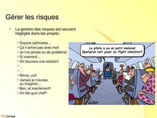 Gérer les risques La gestion des risques est souvent négligée dans les projets: Soyons optimistes… Ça n’arrive pas avec moi! Je n’ai jamais eu de problème! Si vraiment… On trouvera une solution! … … Mince, zut! Jamais je n’aurais  pu imaginer… Bon, et maintenant? On fait quoi chef? Le pilote a eu un petit malaise! Quelqu’un sait jouer au  flight simulator ? 