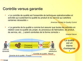 Contrôle versus garantie « Le contrôle de qualité est l’ensemble de techniques opérationnelles et activités qui sustentent la qualité du produit et du service qui satisfera certaines nécessités » American Society for Quality Control « La garantie de la qualité a comme but assurer que toutes les activités en relation avec la qualité (du projet, du processus de fabrication, de produit, de service, etc…) soient conduites de la forme correcte » Vicente Falconi La qualité est un thème d’entreprise ! Client et nécessité Processus d’entreprise Produit Service Client et satisfaction Contrôle de qualité - Réactif Garantie de la qualité - Proactif 