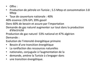 • Offre :
• Production de pétrole en Tunisie ; 5.5 Mtep et consommation 3.8
Mtep
• Taux de couverture nationale : 40%
40% essence 23% GPL 39% gasoil
Donc 60% de besoin et assure par l’importation
Demande de gaz naturel augmenter sur tout dans la production
d’électricité
Production de gaz naturel 53% national et 47% algérien
Demande :
Evolution de l’intensité énergétique primaire
• Besoin d’une transition énergétique
• La raréfaction des ressources naturelles
• nationales, conjuguée à l’augmentation de la
• demande, amène la Tunisie à s’engager dans
• une transition énergétique.
 