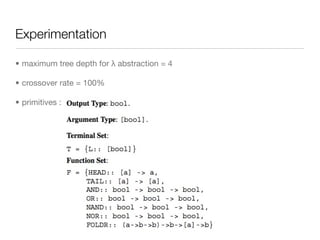 Experimentation

• maximum tree depth for λ abstraction = 4

• crossover rate = 100%

• primitives :
 