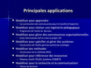 Principales applications
   Modéliser pour apprendre
    – Co-construction des connaissances pour le transfert d’expertise
   Modéliser pour réaliser une ingénierie pédagogique
    – Programme de l’école du Barreau
   Modéliser pour gérer des connaissances organisationnelles
    – École informatisée clef-en main et projet GIT
   Modéliser pour spécifier et gérer des systèmes
    – Construction de TELOS; géré (en partie) par ontologie
   Modéliser des méthodes
    – Construction de la méthode MISA
   Modéliser pour référencer des ressources
    – Paloma, Outils TELOS, Système COMÈTE
   Modéliser pour la recherche et la communications
    – Thèses de doctorat
 