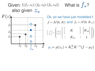 What is ?
f1
f2
f3
Zz1 z2 z3
F(z)
Given: {(f1, z1); (f2, z2); (f3, z3)}
z⇤
z⇤also given
f⇤
Ok, so we have just modelled f:
f ⇠ N(0, K) and f⇤ ⇠ N(0, K⇤⇤)

f
f⇤
⇠
0
B
B
B
B
@

0
0
2
6
6
6
6
4
2
4
K11 K12 K13
K21 K22 K23
K31 K32 K33
3
5
2
4
K1⇤
K2⇤
K3⇤
3
5
⇥
K⇤1 K⇤2 K⇤3
⇤
[K⇤⇤]
3
7
7
7
7
5
1
C
C
C
C
A
K
1
Ki⇤
K⇤i
µ⇤= µ(z⇤) + KT
⇤ K 1
(f µf )
 