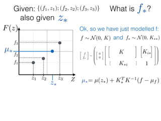 What is ?
f1
f2
f3
Zz1 z2 z3
F(z)
Given: {(f1, z1); (f2, z2); (f3, z3)}
z⇤
z⇤also given
f⇤
Ok, so we have just modelled f:
f ⇠ N(0, K) and f⇤ ⇠ N(0, K⇤⇤)

f
f⇤
⇠
0
B
B
B
B
@

0
0
2
6
6
6
6
4
2
4
K11 K12 K13
K21 K22 K23
K31 K32 K33
3
5
2
4
K1⇤
K2⇤
K3⇤
3
5
⇥
K⇤1 K⇤2 K⇤3
⇤
[K⇤⇤]
3
7
7
7
7
5
1
C
C
C
C
A
K
1
Ki⇤
K⇤i
µ⇤
µ⇤= µ(z⇤) + KT
⇤ K 1
(f µf )
 