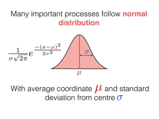 µ
1p
2⇡
e
(x µ)2
2 2
With average coordinate and standard
deviation from centre
µ
Many important processes follow normal
distribution
 