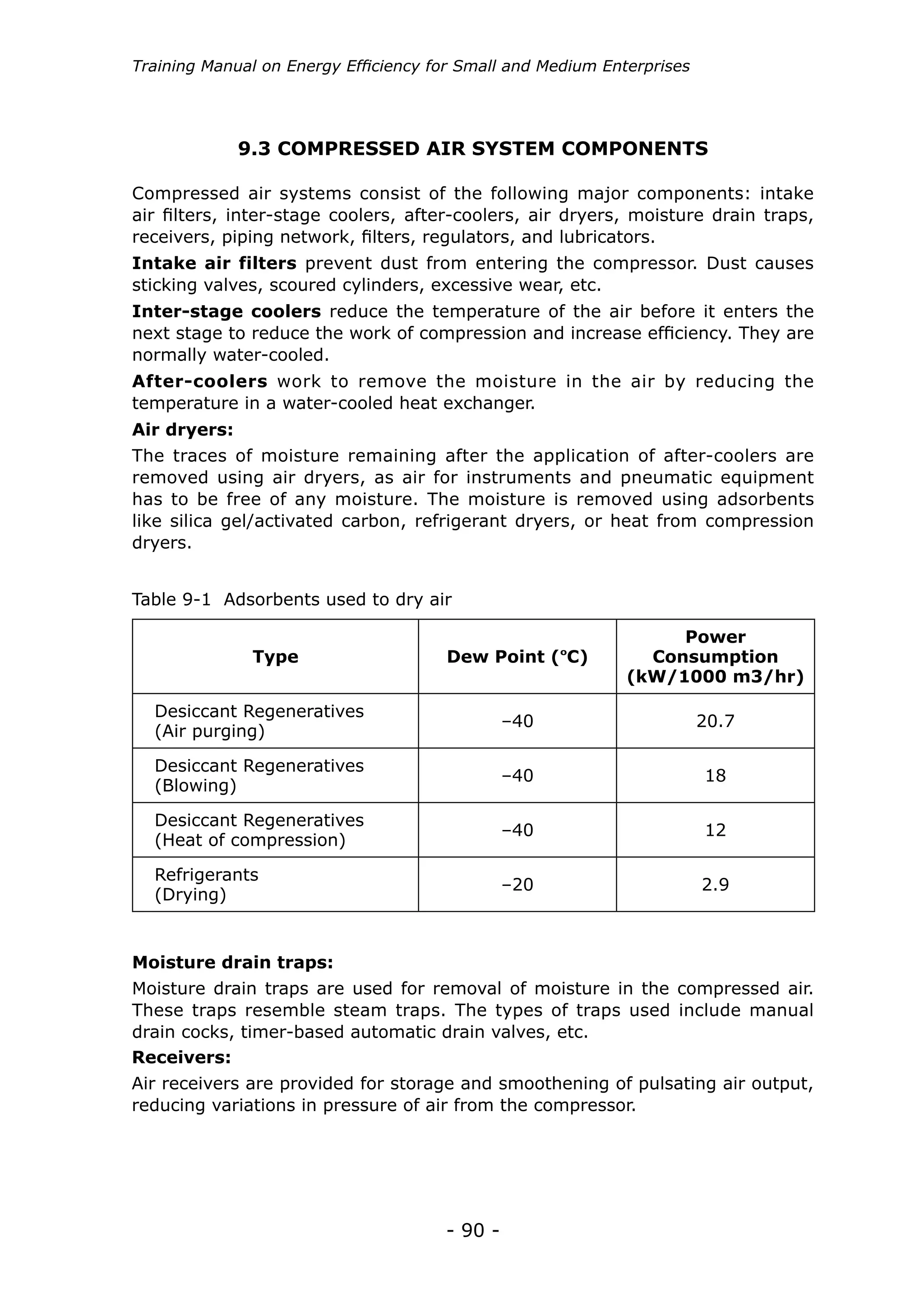 - 90 -
Training Manual on Energy Efficiency for Small and Medium Enterprises
9.3 COMPRESSED AIR SYSTEM COMPONENTS
Compressed air systems consist of the following major components: intake
air filters, inter-stage coolers, after-coolers, air dryers, moisture drain traps,
receivers, piping network, filters, regulators, and lubricators.
Intake air filters prevent dust from entering the compressor. Dust causes
sticking valves, scoured cylinders, excessive wear, etc.
Inter-stage coolers reduce the temperature of the air before it enters the
next stage to reduce the work of compression and increase efficiency. They are
normally water-cooled.
After-coolers work to remove the moisture in the air by reducing the
temperature in a water-cooled heat exchanger.
Air dryers:
Moisture drain traps:
Receivers:
The traces of moisture remaining after the application of after-coolers are
removed using air dryers, as air for instruments and pneumatic equipment
has to be free of any moisture. The moisture is removed using adsorbents
like silica gel/activated carbon, refrigerant dryers, or heat from compression
dryers.
Moisture drain traps are used for removal of moisture in the compressed air.
These traps resemble steam traps. The types of traps used include manual
drain cocks, timer-based automatic drain valves, etc.
Air receivers are provided for storage and smoothening of pulsating air output,
reducing variations in pressure of air from the compressor.
Type Dew Point (ºC)
Power
Consumption
(kW/1000 m3/hr)
Desiccant Regeneratives
(Air purging)
–40 20.7
Desiccant Regeneratives
(Blowing)
–40 18
Desiccant Regeneratives
(Heat of compression)
–40 12
Refrigerants
(Drying)
–20 2.9
Table 9-1 Adsorbents used to dry air
 