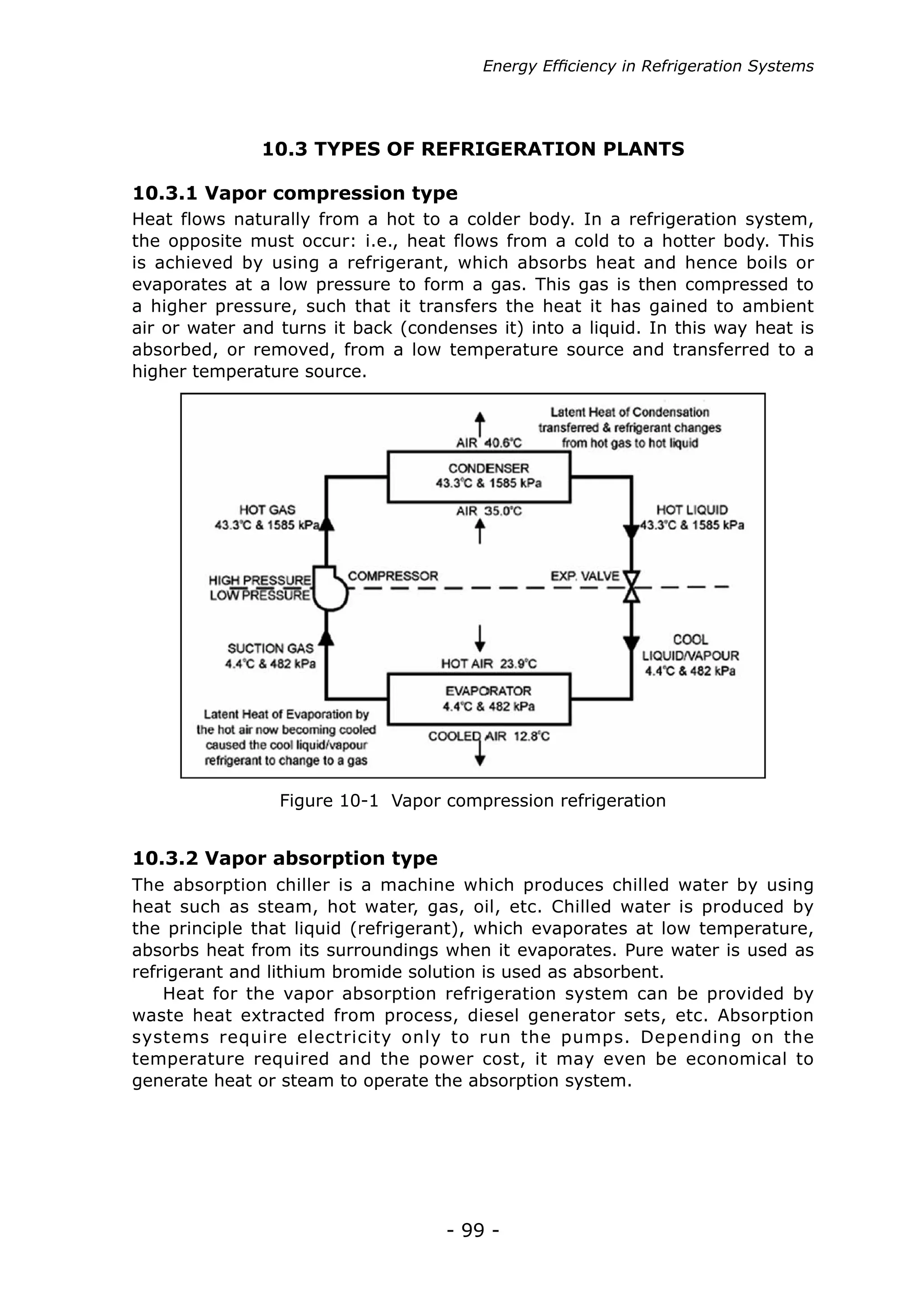 - 99 -
Figure 10-1 Vapor compression refrigeration
The absorption chiller is a machine which produces chilled water by using
heat such as steam, hot water, gas, oil, etc. Chilled water is produced by
the principle that liquid (refrigerant), which evaporates at low temperature,
absorbs heat from its surroundings when it evaporates. Pure water is used as
refrigerant and lithium bromide solution is used as absorbent.
Heat for the vapor absorption refrigeration system can be provided by
waste heat extracted from process, diesel generator sets, etc. Absorption
systems require electricity only to run the pumps. Depending on the
temperature required and the power cost, it may even be economical to
generate heat or steam to operate the absorption system.
10.3.2 Vapor absorption type
10.3 TYPES OF REFRIGERATION PLANTS
Heat flows naturally from a hot to a colder body. In a refrigeration system,
the opposite must occur: i.e., heat flows from a cold to a hotter body. This
is achieved by using a refrigerant, which absorbs heat and hence boils or
evaporates at a low pressure to form a gas. This gas is then compressed to
a higher pressure, such that it transfers the heat it has gained to ambient
air or water and turns it back (condenses it) into a liquid. In this way heat is
absorbed, or removed, from a low temperature source and transferred to a
higher temperature source.
10.3.1 Vapor compression type
Energy Efficiency in Refrigeration Systems
 