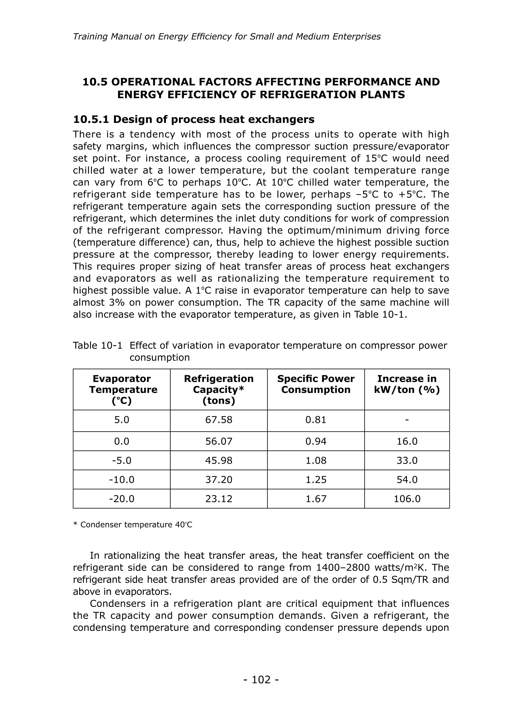 - 102 -
Training Manual on Energy Efficiency for Small and Medium Enterprises
10.5 OPERATIONAL FACTORS AFFECTING PERFORMANCE AND
ENERGY EFFICIENCY OF REFRIGERATION PLANTS
There is a tendency with most of the process units to operate with high
safety margins, which influences the compressor suction pressure/evaporator
set point. For instance, a process cooling requirement of 15ºC would need
chilled water at a lower temperature, but the coolant temperature range
can vary from 6ºC to perhaps 10ºC. At 10ºC chilled water temperature, the
refrigerant side temperature has to be lower, perhaps –5ºC to +5ºC. The
refrigerant temperature again sets the corresponding suction pressure of the
refrigerant, which determines the inlet duty conditions for work of compression
of the refrigerant compressor. Having the optimum/minimum driving force
(temperature difference) can, thus, help to achieve the highest possible suction
pressure at the compressor, thereby leading to lower energy requirements.
This requires proper sizing of heat transfer areas of process heat exchangers
and evaporators as well as rationalizing the temperature requirement to
highest possible value. A 1ºC raise in evaporator temperature can help to save
almost 3% on power consumption. The TR capacity of the same machine will
also increase with the evaporator temperature, as given in Table 10-1.
10.5.1 Design of process heat exchangers
Evaporator
Temperature
(ºC)
Refrigeration
Capacity*
(tons)
Specific Power
Consumption
Increase in
kW/ton (%)
5.0 67.58 0.81 -
0.0 56.07 0.94 16.0
-5.0 45.98 1.08 33.0
-10.0 37.20 1.25 54.0
-20.0 23.12 1.67 106.0
Table 10-1 Effect of variation in evaporator temperature on compressor power 	
	 consumption
* Condenser temperature 40º
C
In rationalizing the heat transfer areas, the heat transfer coefficient on the
refrigerant side can be considered to range from 1400–2800 watts/m2K. The
refrigerant side heat transfer areas provided are of the order of 0.5 Sqm/TR and
above in evaporators.
Condensers in a refrigeration plant are critical equipment that influences
the TR capacity and power consumption demands. Given a refrigerant, the
condensing temperature and corresponding condenser pressure depends upon
 