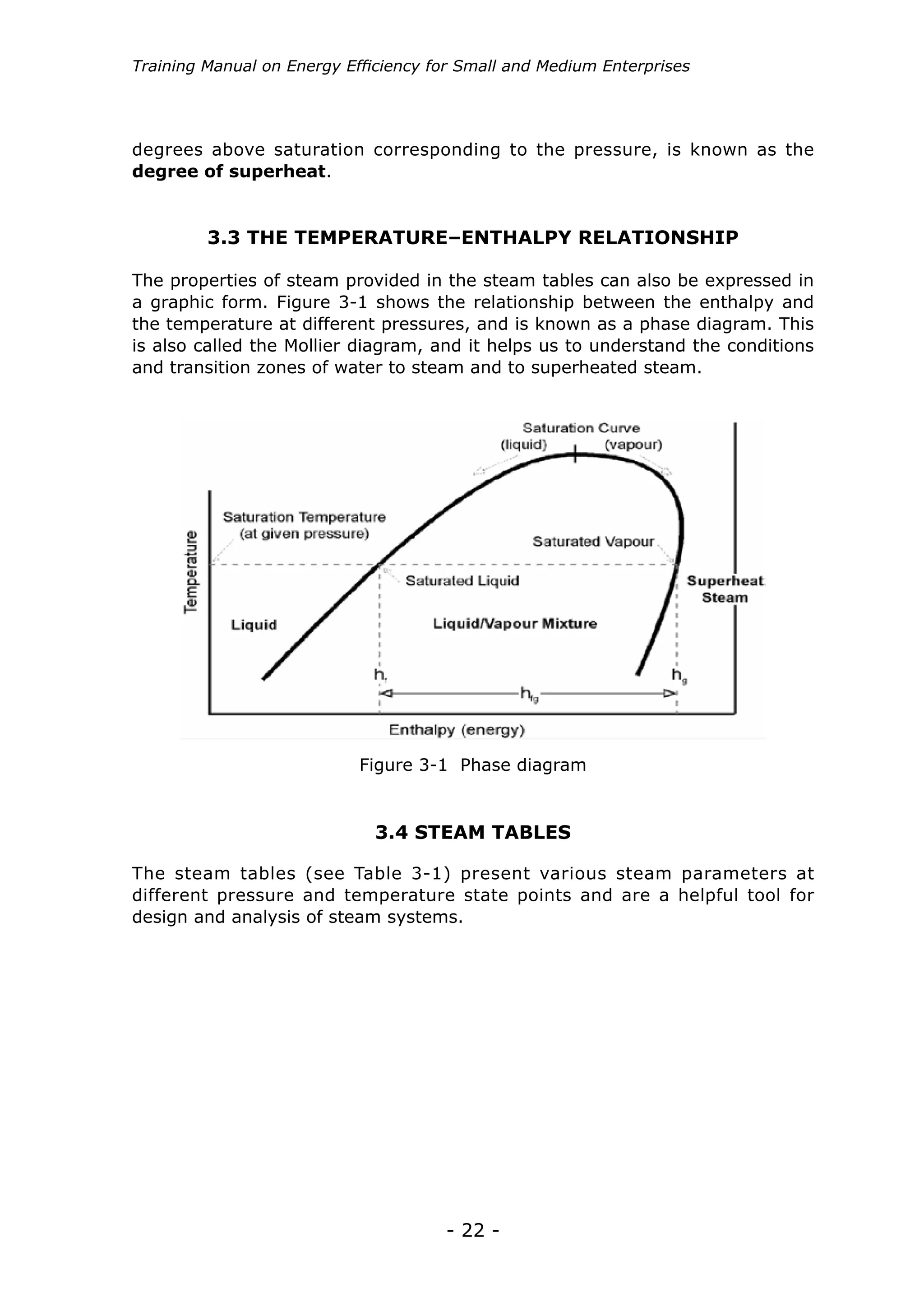 - 22 -
degrees above saturation corresponding to the pressure, is known as the
degree of superheat.
3.3 THE TEMPERATURE–ENTHALPY RELATIONSHIP
The properties of steam provided in the steam tables can also be expressed in
a graphic form. Figure 3-1 shows the relationship between the enthalpy and
the temperature at different pressures, and is known as a phase diagram. This
is also called the Mollier diagram, and it helps us to understand the conditions
and transition zones of water to steam and to superheated steam.
Figure 3-1 Phase diagram
3.4 STEAM TABLES
The steam tables (see Table 3-1) present various steam parameters at
different pressure and temperature state points and are a helpful tool for
design and analysis of steam systems.
Training Manual on Energy Efficiency for Small and Medium Enterprises
 