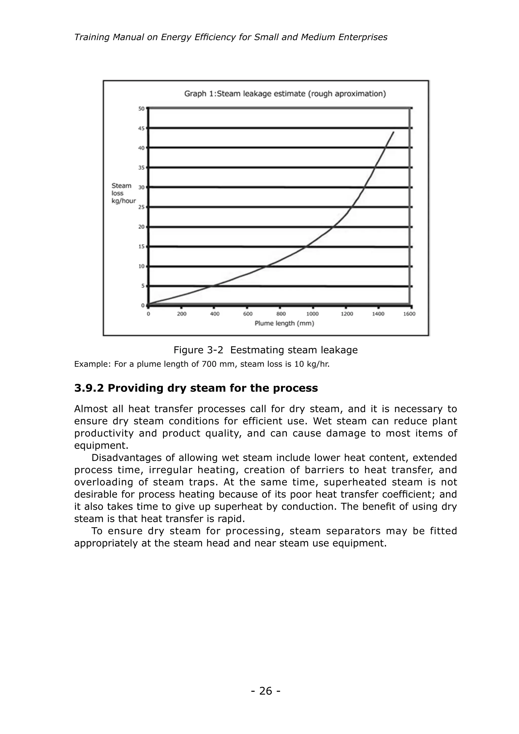 - 26 -
Training Manual on Energy Efficiency for Small and Medium Enterprises
Almost all heat transfer processes call for dry steam, and it is necessary to
ensure dry steam conditions for efficient use. Wet steam can reduce plant
productivity and product quality, and can cause damage to most items of
equipment.
Disadvantages of allowing wet steam include lower heat content, extended
process time, irregular heating, creation of barriers to heat transfer, and
overloading of steam traps. At the same time, superheated steam is not
desirable for process heating because of its poor heat transfer coefficient; and
it also takes time to give up superheat by conduction. The benefit of using dry
steam is that heat transfer is rapid.
To ensure dry steam for processing, steam separators may be fitted
appropriately at the steam head and near steam use equipment.
3.9.2 Providing dry steam for the process
Figure 3-2 Eestmating steam leakage
Example: For a plume length of 700 mm, steam loss is 10 kg/hr.
 