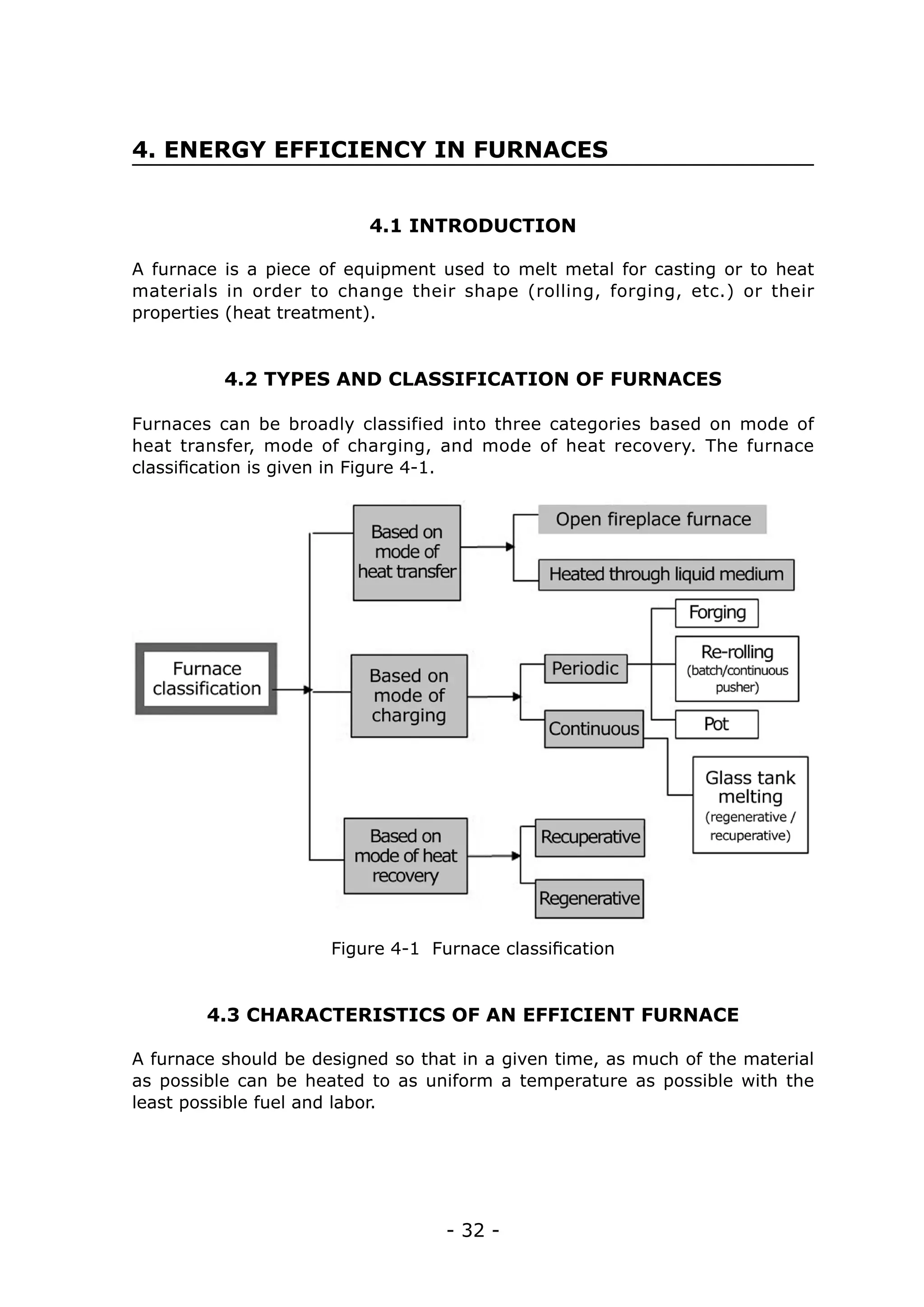 - 32 -
4. ENERGY EFFICIENCY IN FURNACES
4.1 INTRODUCTION
4.2 TYPES AND CLASSIFICATION OF FURNACES
A furnace is a piece of equipment used to melt metal for casting or to heat
materials in order to change their shape (rolling, forging, etc.) or their
properties (heat treatment).
Furnaces can be broadly classified into three categories based on mode of
heat transfer, mode of charging, and mode of heat recovery. The furnace
classification is given in Figure 4-1.
Figure 4-1 Furnace classification
4.3 CHARACTERISTICS OF AN EFFICIENT FURNACE
A furnace should be designed so that in a given time, as much of the material
as possible can be heated to as uniform a temperature as possible with the
least possible fuel and labor.
 