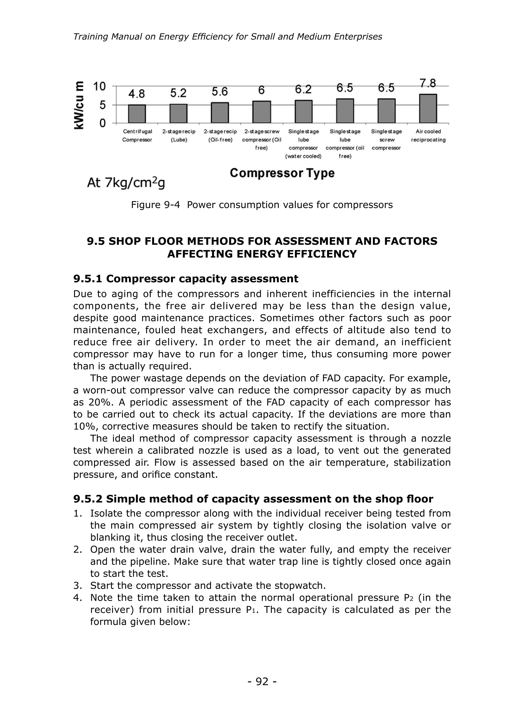 Training Manual on Energy Efficiency for Small and Medium Enterprises




            Figure 9-4 Power consumption values for compressors


   9.5 SHOP FLOOR METHODS FOR ASSESSMENT AND FACTORS
               AFFECTING ENERGY EFFICIENCY

9.5.1 Compressor capacity assessment
Due to aging of the compressors and inherent inefficiencies in the internal
components, the free air delivered may be less than the design value,
despite good maintenance practices. Sometimes other factors such as poor
maintenance, fouled heat exchangers, and effects of altitude also tend to
reduce free air delivery. In order to meet the air demand, an inefficient
compressor may have to run for a longer time, thus consuming more power
than is actually required.
    The power wastage depends on the deviation of FAD capacity. For example,
a worn-out compressor valve can reduce the compressor capacity by as much
as 20%. A periodic assessment of the FAD capacity of each compressor has
to be carried out to check its actual capacity. If the deviations are more than
10%, corrective measures should be taken to rectify the situation.
    The ideal method of compressor capacity assessment is through a nozzle
test wherein a calibrated nozzle is used as a load, to vent out the generated
compressed air. Flow is assessed based on the air temperature, stabilization
pressure, and orifice constant.

9.5.2 Simple method of capacity assessment on the shop floor
1.	 Isolate the compressor along with the individual receiver being tested from
    the main compressed air system by tightly closing the isolation valve or
    blanking it, thus closing the receiver outlet.
2.	 Open the water drain valve, drain the water fully, and empty the receiver
    and the pipeline. Make sure that water trap line is tightly closed once again
    to start the test.
3.	 Start the compressor and activate the stopwatch.
4.	 Note the time taken to attain the normal operational pressure P2 (in the
    receiver) from initial pressure P1. The capacity is calculated as per the
    formula given below:




                                      - 92 -
 