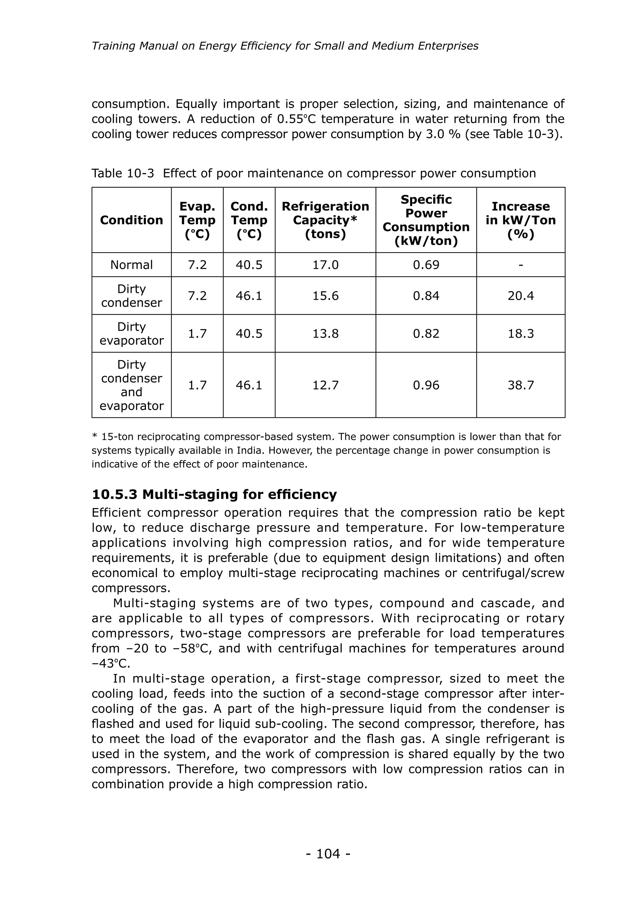 Training Manual on Energy Efficiency for Small and Medium Enterprises




consumption. Equally important is proper selection, sizing, and maintenance of
cooling towers. A reduction of 0.55ºC temperature in water returning from the
cooling tower reduces compressor power consumption by 3.0 % (see Table 10-3).


Table 10-3 Effect of poor maintenance on compressor power consumption

                                                           Specific
                 Evap.     Cond.     Refrigeration                            Increase
                                                            Power
 Condition       Temp      Temp       Capacity*                              in kW/Ton
                                                         Consumption
                  (ºC)      (ºC)        (tons)                                   (%)
                                                          (kW/ton)

   Normal         7.2       40.5           17.0               0.69                 -

   Dirty
                  7.2       46.1           15.6               0.84               20.4
 condenser

    Dirty
                  1.7       40.5           13.8               0.82               18.3
 evaporator

    Dirty
 condenser
                  1.7       46.1           12.7               0.96               38.7
    and
 evaporator

* 15-ton reciprocating compressor-based system. The power consumption is lower than that for
systems typically available in India. However, the percentage change in power consumption is
indicative of the effect of poor maintenance.


10.5.3 Multi-staging for efficiency
Efficient compressor operation requires that the compression ratio be kept
low, to reduce discharge pressure and temperature. For low-temperature
applications involving high compression ratios, and for wide temperature
requirements, it is preferable (due to equipment design limitations) and often
economical to employ multi-stage reciprocating machines or centrifugal/screw
compressors.
    Multi-staging systems are of two types, compound and cascade, and
are applicable to all types of compressors. With reciprocating or rotary
compressors, two-stage compressors are preferable for load temperatures
from –20 to –58ºC, and with centrifugal machines for temperatures around
–43ºC.
    In multi-stage operation, a first-stage compressor, sized to meet the
cooling load, feeds into the suction of a second-stage compressor after inter-
cooling of the gas. A part of the high-pressure liquid from the condenser is
flashed and used for liquid sub-cooling. The second compressor, therefore, has
to meet the load of the evaporator and the flash gas. A single refrigerant is
used in the system, and the work of compression is shared equally by the two
compressors. Therefore, two compressors with low compression ratios can in
combination provide a high compression ratio.




                                         - 104 -
 