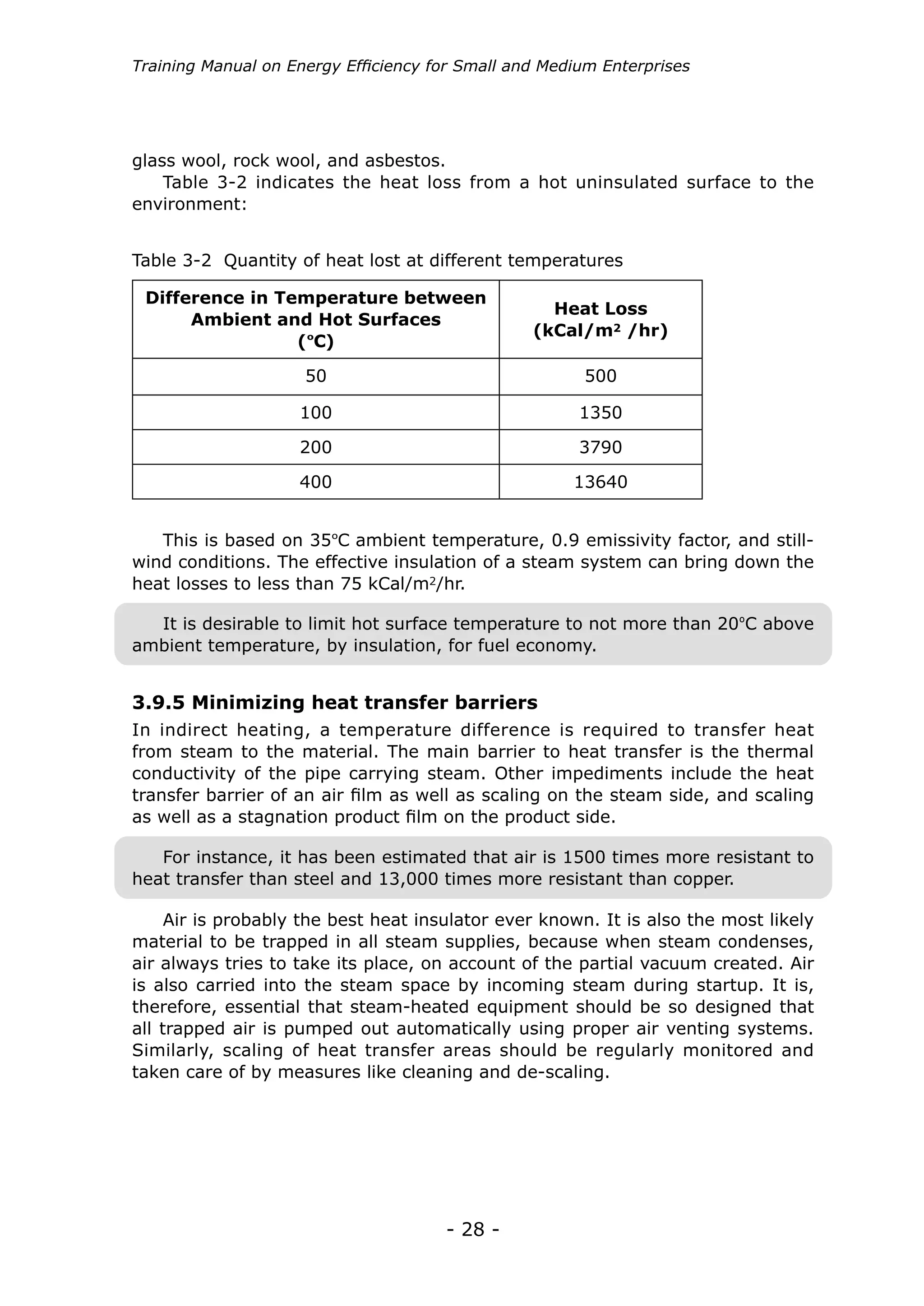 Training Manual on Energy Efficiency for Small and Medium Enterprises




glass wool, rock wool, and asbestos.
    Table 3-2 indicates the heat loss from a hot uninsulated surface to the
environment:


Table 3-2 Quantity of heat lost at different temperatures

 Difference in Temperature between
                                                   Heat Loss
      Ambient and Hot Surfaces
                                                 (kCal/m2 /hr)
                 (ºC)

                     50                                500

                    100                                1350

                    200                                3790

                    400                               13640


   This is based on 35ºC ambient temperature, 0.9 emissivity factor, and still-
wind conditions. The effective insulation of a steam system can bring down the
heat losses to less than 75 kCal/m2/hr.

  It is desirable to limit hot surface temperature to not more than 20ºC above
ambient temperature, by insulation, for fuel economy.


3.9.5 Minimizing heat transfer barriers
In indirect heating, a temperature difference is required to transfer heat
from steam to the material. The main barrier to heat transfer is the thermal
conductivity of the pipe carrying steam. Other impediments include the heat
transfer barrier of an air film as well as scaling on the steam side, and scaling
as well as a stagnation product film on the product side.

   For instance, it has been estimated that air is 1500 times more resistant to
heat transfer than steel and 13,000 times more resistant than copper.

     Air is probably the best heat insulator ever known. It is also the most likely
material to be trapped in all steam supplies, because when steam condenses,
air always tries to take its place, on account of the partial vacuum created. Air
is also carried into the steam space by incoming steam during startup. It is,
therefore, essential that steam-heated equipment should be so designed that
all trapped air is pumped out automatically using proper air venting systems.
Similarly, scaling of heat transfer areas should be regularly monitored and
taken care of by measures like cleaning and de-scaling.




                                      - 28 -
 