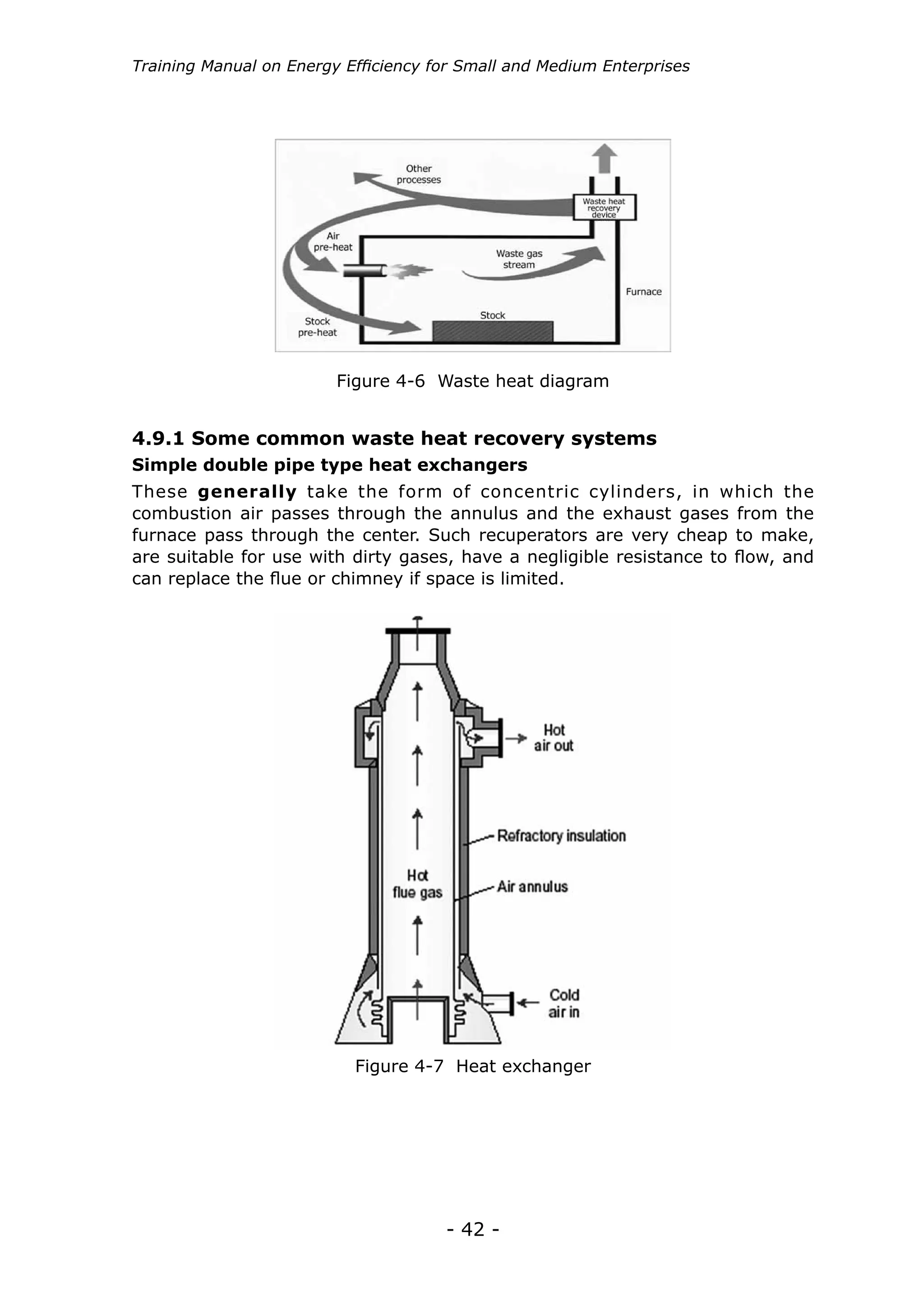 Training Manual on Energy Efficiency for Small and Medium Enterprises




                         Figure 4-6 Waste heat diagram


4.9.1 Some common waste heat recovery systems
Simple double pipe type heat exchangers
These generally take the form of concentric cylinders, in which the
combustion air passes through the annulus and the exhaust gases from the
furnace pass through the center. Such recuperators are very cheap to make,
are suitable for use with dirty gases, have a negligible resistance to flow, and
can replace the flue or chimney if space is limited.




                           Figure 4-7 Heat exchanger




                                      - 42 -
 