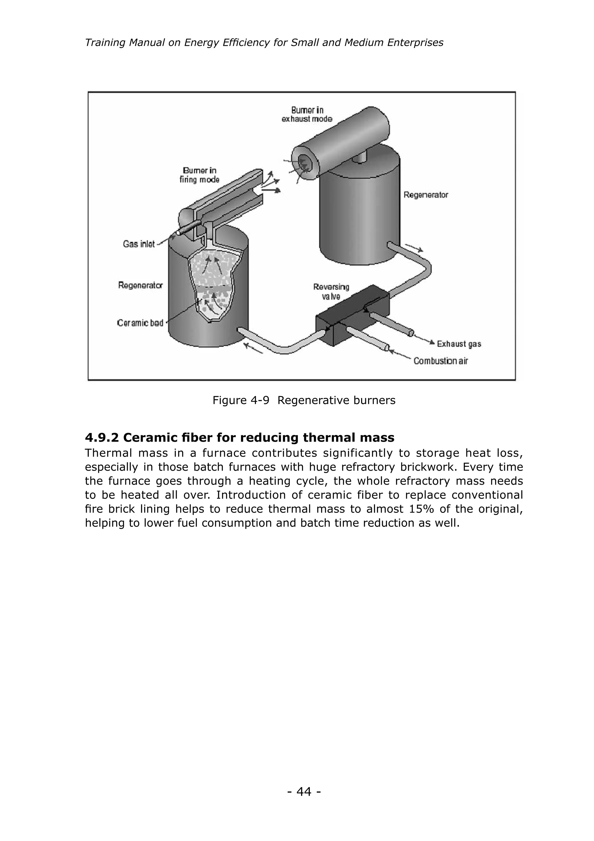 Training Manual on Energy Efficiency for Small and Medium Enterprises




                        Figure 4-9 Regenerative burners


4.9.2 Ceramic fiber for reducing thermal mass
Thermal mass in a furnace contributes significantly to storage heat loss,
especially in those batch furnaces with huge refractory brickwork. Every time
the furnace goes through a heating cycle, the whole refractory mass needs
to be heated all over. Introduction of ceramic fiber to replace conventional
fire brick lining helps to reduce thermal mass to almost 15% of the original,
helping to lower fuel consumption and batch time reduction as well.




                                      - 44 -
 