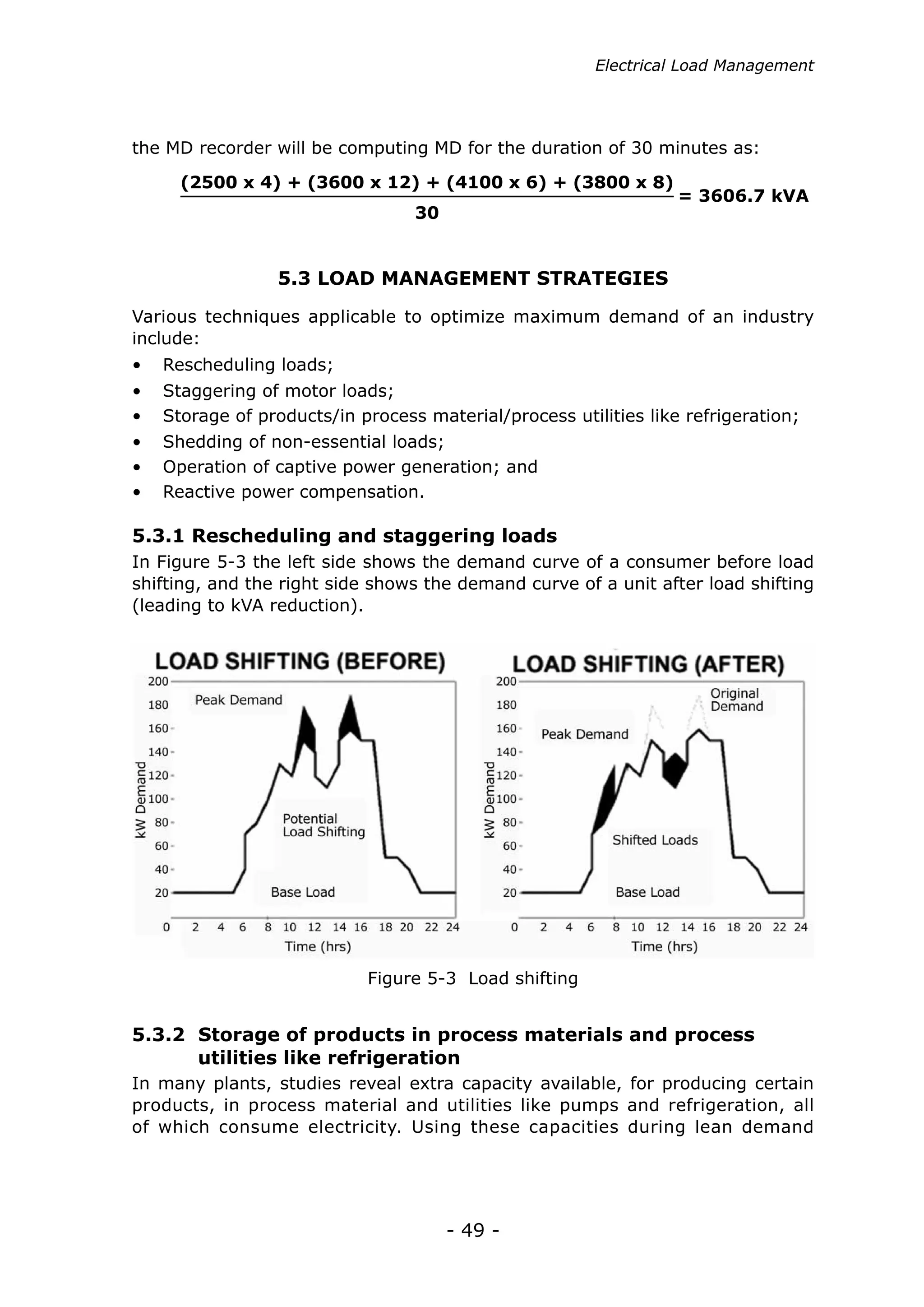 Electrical Load Management




the MD recorder will be computing MD for the duration of 30 minutes as:

     (2500 x 4) + (3600 x 12) + (4100 x 6) + (3800 x 8)
                                                                 = 3606.7 kVA
                                 30


                 5.3 LOAD MANAGEMENT STRATEGIES

Various techniques applicable to optimize maximum demand of an industry
include:
•	 Rescheduling loads;
•	 Staggering of motor loads;
•	 Storage of products/in process material/process utilities like refrigeration;
•	 Shedding of non-essential loads;
•	 Operation of captive power generation; and
•	 Reactive power compensation.

5.3.1 Rescheduling and staggering loads
In Figure 5-3 the left side shows the demand curve of a consumer before load
shifting, and the right side shows the demand curve of a unit after load shifting
(leading to kVA reduction).




                            Figure 5-3 Load shifting


5.3.2 Storage of products in process materials and process
	     utilities like refrigeration
In many plants, studies reveal extra capacity available, for producing certain
products, in process material and utilities like pumps and refrigeration, all
of which consume electricity. Using these capacities during lean demand




                                      - 49 -
 