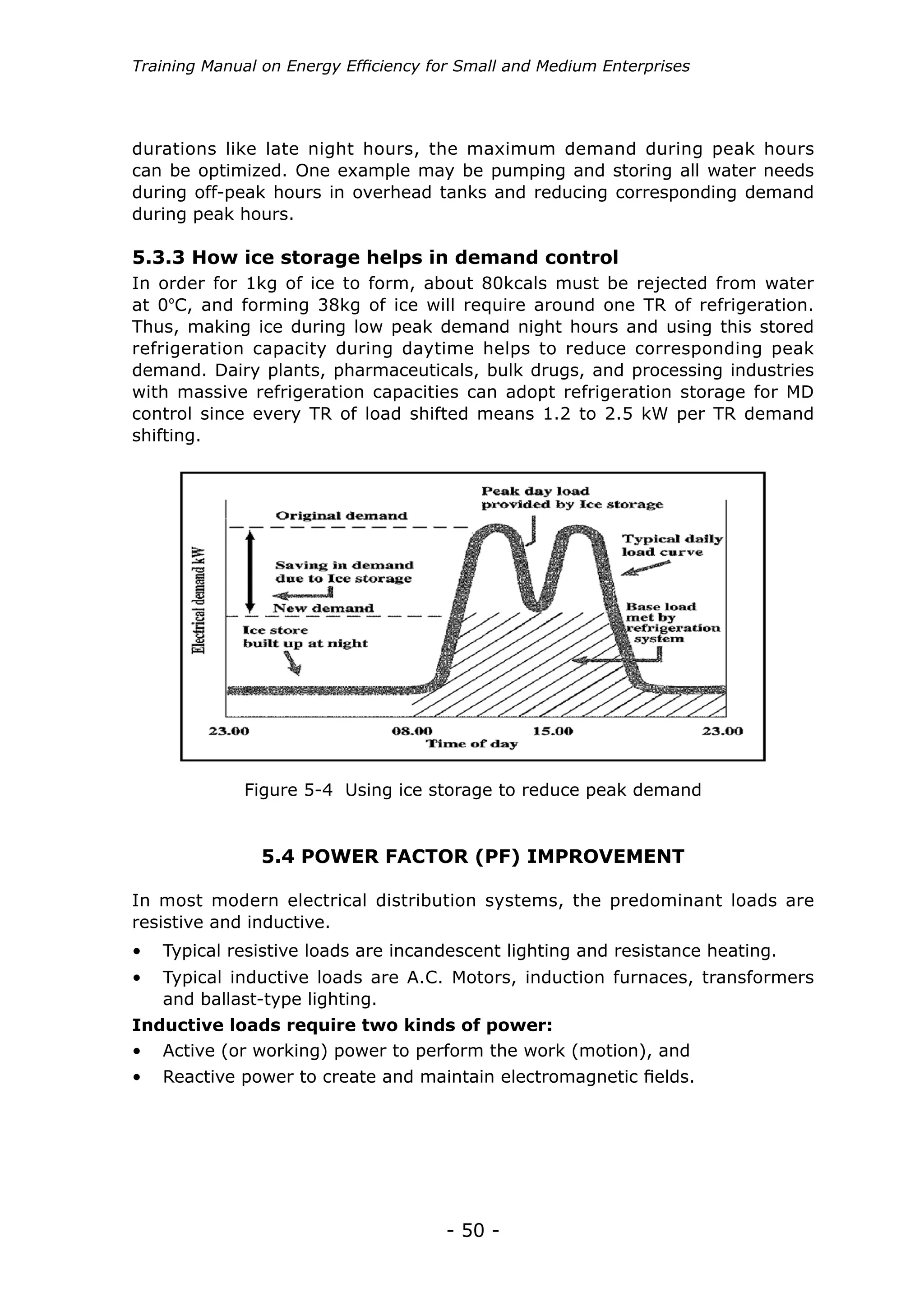 Training Manual on Energy Efficiency for Small and Medium Enterprises




durations like late night hours, the maximum demand during peak hours
can be optimized. One example may be pumping and storing all water needs
during off-peak hours in overhead tanks and reducing corresponding demand
during peak hours.

5.3.3 How ice storage helps in demand control
In order for 1kg of ice to form, about 80kcals must be rejected from water
at 0ºC, and forming 38kg of ice will require around one TR of refrigeration.
Thus, making ice during low peak demand night hours and using this stored
refrigeration capacity during daytime helps to reduce corresponding peak
demand. Dairy plants, pharmaceuticals, bulk drugs, and processing industries
with massive refrigeration capacities can adopt refrigeration storage for MD
control since every TR of load shifted means 1.2 to 2.5 kW per TR demand
shifting.




             Figure 5-4 Using ice storage to reduce peak demand


               5.4 POWER FACTOR (PF) IMPROVEMENT

In most modern electrical distribution systems, the predominant loads are
resistive and inductive.
•	 Typical resistive loads are incandescent lighting and resistance heating.
•	 Typical inductive loads are A.C. Motors, induction furnaces, transformers
   and ballast-type lighting.
Inductive loads require two kinds of power:
•	 Active (or working) power to perform the work (motion), and
•	 Reactive power to create and maintain electromagnetic fields.




                                      - 50 -
 