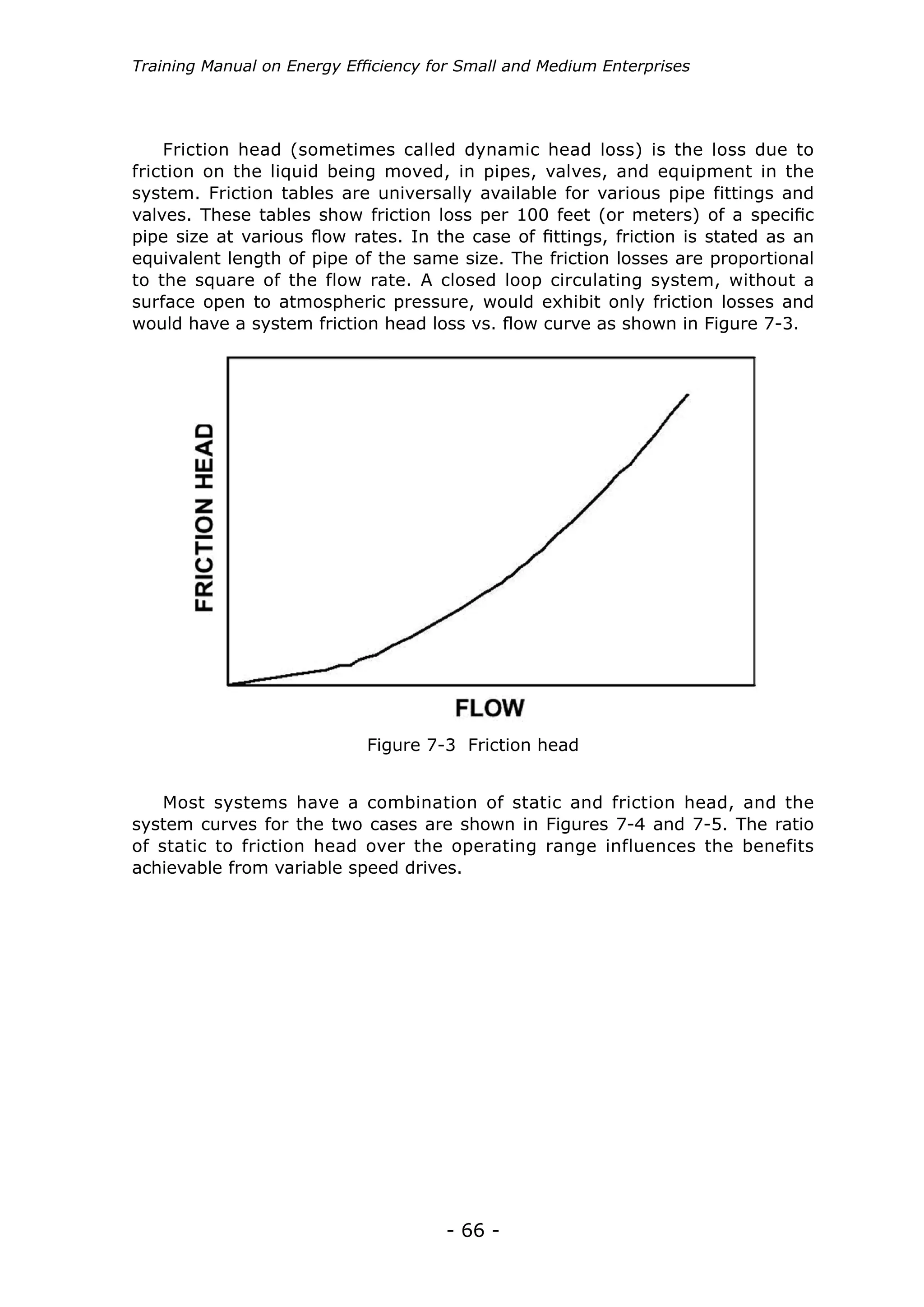 Training Manual on Energy Efficiency for Small and Medium Enterprises




    Friction head (sometimes called dynamic head loss) is the loss due to
friction on the liquid being moved, in pipes, valves, and equipment in the
system. Friction tables are universally available for various pipe fittings and
valves. These tables show friction loss per 100 feet (or meters) of a specific
pipe size at various flow rates. In the case of fittings, friction is stated as an
equivalent length of pipe of the same size. The friction losses are proportional
to the square of the flow rate. A closed loop circulating system, without a
surface open to atmospheric pressure, would exhibit only friction losses and
would have a system friction head loss vs. flow curve as shown in Figure 7-3.




                             Figure 7-3 Friction head


    Most systems have a combination of static and friction head, and the
system curves for the two cases are shown in Figures 7-4 and 7-5. The ratio
of static to friction head over the operating range influences the benefits
achievable from variable speed drives.




                                      - 66 -
 