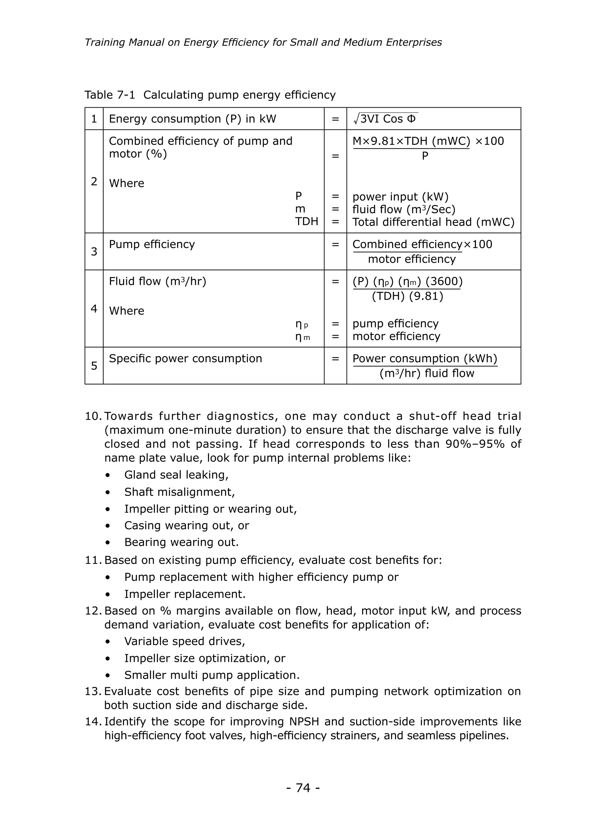 Training Manual on Energy Efficiency for Small and Medium Enterprises




Table 7-1 Calculating pump energy efficiency

 1   Energy consumption (P) in kW                 =    3VI Cos Φ

     Combined efficiency of pump and                  M×9.81×TDH (mWC) ×100
     motor (%)                                    =            P

 2   Where
                                          P       =   power input (kW)
                                          m       =   fluid flow (m3/Sec)
                                          TDH     =   Total differential head (mWC)

     Pump efficiency                              =   Combined efficiency×100
 3
                                                        motor efficiency

     Fluid flow (m3/hr)                           =   (P) (ηp) (ηm) (3600)
                                                          (TDH) (9.81)
 4   Where
                                          ηp      =   pump efficiency
                                          ηm      =   motor efficiency

     Specific power consumption                   =   Power consumption (kWh)
 5
                                                          (m3/hr) fluid flow


10.	Towards further diagnostics, one may conduct a shut-off head trial
    (maximum one-minute duration) to ensure that the discharge valve is fully
    closed and not passing. If head corresponds to less than 90%–95% of
    name plate value, look for pump internal problems like:
     •	 Gland seal leaking,
     •	 Shaft misalignment,
     •	 Impeller pitting or wearing out,
     •	 Casing wearing out, or
     •	 Bearing wearing out.
11.	Based on existing pump efficiency, evaluate cost benefits for:
     •	 Pump replacement with higher efficiency pump or
     •	 Impeller replacement.
12.	Based on % margins available on flow, head, motor input kW, and process
    demand variation, evaluate cost benefits for application of:
     •	 Variable speed drives,
     •	 Impeller size optimization, or
    •	 Smaller multi pump application.
13.	Evaluate cost benefits of pipe size and pumping network optimization on
    both suction side and discharge side.
14.	Identify the scope for improving NPSH and suction-side improvements like
    high-efficiency foot valves, high-efficiency strainers, and seamless pipelines.



                                         - 74 -
 