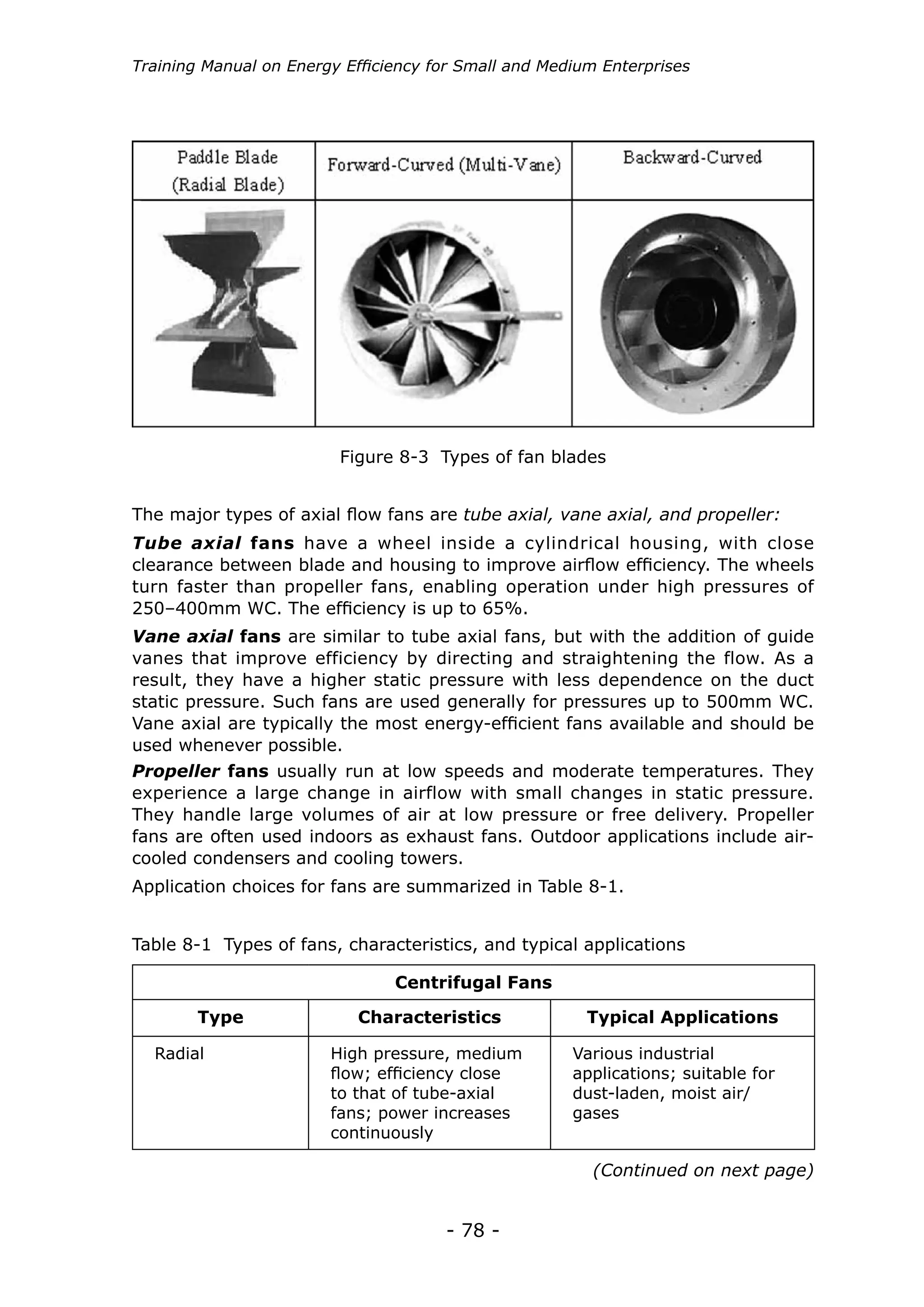 Training Manual on Energy Efficiency for Small and Medium Enterprises




                         Figure 8-3 Types of fan blades


The major types of axial flow fans are tube axial, vane axial, and propeller:
Tube axial fans have a wheel inside a cylindrical housing, with close
clearance between blade and housing to improve airflow efficiency. The wheels
turn faster than propeller fans, enabling operation under high pressures of
250–400mm WC. The efficiency is up to 65%.
Vane axial fans are similar to tube axial fans, but with the addition of guide
vanes that improve efficiency by directing and straightening the flow. As a
result, they have a higher static pressure with less dependence on the duct
static pressure. Such fans are used generally for pressures up to 500mm WC.
Vane axial are typically the most energy-efficient fans available and should be
used whenever possible.
Propeller fans usually run at low speeds and moderate temperatures. They
experience a large change in airflow with small changes in static pressure.
They handle large volumes of air at low pressure or free delivery. Propeller
fans are often used indoors as exhaust fans. Outdoor applications include air-
cooled condensers and cooling towers.
Application choices for fans are summarized in Table 8-1.


Table 8-1 Types of fans, characteristics, and typical applications

                                Centrifugal Fans

        Type               Characteristics              Typical Applications

  Radial                High pressure, medium         Various industrial
                        flow; efficiency close        applications; suitable for
                        to that of tube-axial         dust-laden, moist air/
                        fans; power increases         gases
                        continuously

                                                        (Continued on next page)


                                      - 78 -
 