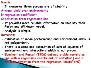 Merits:
 It measures three parameters of stability
A=mean yield over environments
B=regression coefficient
C=deviation from regression line
 It provides more reliable information on stability than
Finlay and Wilkinson model.
 Analysis is simple.
Demerits:
 estimation of mean performance and environment index is
not independent.
 There is a combined estimation of sum of squares of
environment and interactions which is not proper.
 Eberhart and Russell (1956) defined stable variety as
one with a regression coefficient of unity(b=1) and a
minimum deviation from the regression lines(s²d=0).
 
