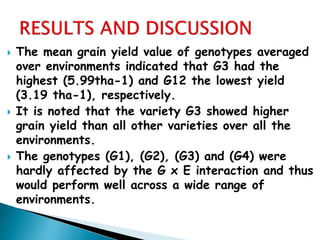  The mean grain yield value of genotypes averaged
over environments indicated that G3 had the
highest (5.99tha-1) and G12 the lowest yield
(3.19 tha-1), respectively.
 It is noted that the variety G3 showed higher
grain yield than all other varieties over all the
environments.
 The genotypes (G1), (G2), (G3) and (G4) were
hardly affected by the G x E interaction and thus
would perform well across a wide range of
environments.
 