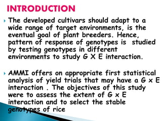  The developed cultivars should adapt to a
wide range of target environments, is the
eventual goal of plant breeders. Hence,
pattern of response of genotypes is studied
by testing genotypes in different
environments to study G X E interaction.
 AMMI offers on appropriate first statistical
analysis of yield trials that may have a G x E
interaction . The objectives of this study
were to assess the extent of G x E
interaction and to select the stable
genotypes of rice
 