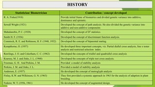 HISTORY
Statistician/ Biometrician Contribution / concept developed
R. A. Fisher(1918) Provide initial frame of biometrics and divided genetic variance into additive,
dominance and epistatic.
Sewall Wright (1921) Developed the concept of path analysis. He also divided the genetic variance into
additive and non-additive components
Mahalanobis, P. C. (1928) Developed the concept of D2 statistics.
Smith H. F. (1936) Developed the concept of discriminant function analysis.
Comstock, R. E. and Robinson, H. F. (1948, 1952) Developed the concept of biparental mating.
Kempthorne, O. (1957) He developed three important concepts, viz. Partial diallel cross analysis, line x tester
analysis and restricted selection index
Rawlings, J. O. and Cokerham, C. C. (1962) Developed the concepts of triallel and quadriallel cross analysis
Kearsey, M. J. and Jinks, J. L. (1968) Developed the concepts of triple test cross analysis.
Freeman, G. H. And Perkins, J. M. Provided a model of stability analysis
Perkins, J. M. and Jinks, J. L. Provided a model of stability analysis
Anderson, E. (1957) He developed the concept of metroglyph analysis
Finlay, K.W. and Wilkinson, G. N. (1963) They first provided a systemic approach in 1963 for the analysis of adaption in plant
breeding.
Federer, W. T. (1956, 1961) He developed the concept of augmented design.
 