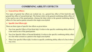 COMBINING ABILITY EFFECTS
 General Line Effects :
Two types of general line effects are worked out, viz., general line effect of first kind (hi) and
general line effect of second kind (gi). The former refers to the general combining ability effect of
a line used as one of the grand parents, whereas the latter refers to the general combining ability
effect of a line used as parent crossed to the single cross hybrid.
 Specific Line Effects (gi):
There are three types of specific line effects as given below
1. Two Line specific Effect of First Kind (dij): It refers to the specific combining ability effect of
a line used as one of the grand parents.
2. Two Line Specific Effect of Second Kind(sik): It refers to the specific combining ability effect
of a line when crossed as a parent to the single cross hybrid.
3. Three Line specific Effect (tijk): It refers to specific combining ability effect of a line in three-
way cross.
 