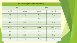 Plan of Crossing for North Carolina Design I
Set I Set II
m1 x f1 m3xf9 m1 x f1 m3 x f9
X f2 X f10 X f2 X f10
X f3 X f11 X f3 X f11
X f4 X f12 X f4 X f12
m2 x f5 m4x f13 m2x f5 m4 x f13
X f6 X f14 X f6 X f14
X f7 X f15 X f7 X f15
X f8 X f16 X f8 X f16
 