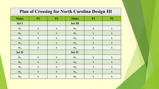 Plan of Crossing for North Carolina Design III
Males P1 P2 Males P1 P2
Set I Set III
m1 x x m1 x x
m2 x x m2 x x
m3 x x m3 x x
m4 x x m4 x x
m5 x x m5 x x
Set II Set IV
m1 x x m1 x x
m2 x x m2 x x
m3 x x m3 x x
m4 x x m4 x x
m5 x x m5 x x
 