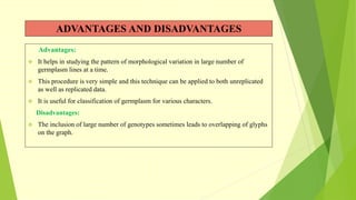 ADVANTAGES AND DISADVANTAGES
Advantages:
 It helps in studying the pattern of morphological variation in large number of
germplasm lines at a time.
 This procedure is very simple and this technique can be applied to both unreplicated
as well as replicated data.
 It is useful for classification of germplasm for various characters.
Disadvantages:
 The inclusion of large number of genotypes sometimes leads to overlapping of glyphs
on the graph.
 
