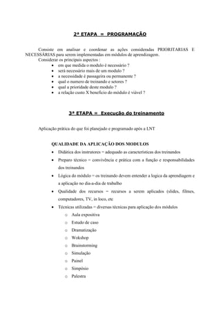 2ª ETAPA = PROGRAMAÇÃO


     Consiste em analisar e coordenar as ações consideradas PRIORITARIAS E
NECESSÁRIAS para serem implementadas em módulos de aprendizagem.
     Considerar os principais aspectos :
             em que medida o modulo é necessário ?
             será necessário mais de um modulo ?
             a necessidade é passageira ou permanente ?
             qual o numero de treinando e setores ?
             qual a prioridade deste modulo ?
             a relação custo X beneficio do módulo é viável ?



                     3ª ETAPA = Execução do treinamento


     Aplicação prática do que foi planejado e programado após a LNT


           QUALIDADE DA APLICAÇÃO DOS MODULOS
              Didática dos instrutores = adequado as características dos treinandos
              Preparo técnico = convivência e prática com a função e responsabilidades
               dos treinandos
              Lógica do módulo = os treinando devem entender a logica da aprendiagem e
               a aplicação no dia-a-dia de trabalho
              Qualidade dos recursos = recursos a serem aplicados (slides, filmes,
               computadores, TV, in loco, etc
              Técnicas utilizadas = diversas técnicas para aplicação dos módulos
                   o Aula expositiva
                   o Estudo de caso
                   o Dramatização
                   o Wokshop
                   o Brainstorming
                   o Simulação
                   o Painel
                   o Simpósio
                   o Palestra
 